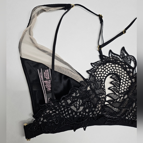 Victoria's Secret Luxe Dragon Lace Bralette Black Satin Mesh Plunging Neck Sz S - Picture 6 of 16